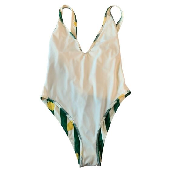 SOLID & STRIPED Lemon Print One-Piece Swimsuit V-Neck Open Back Yellow Green - Picture 10 of 15